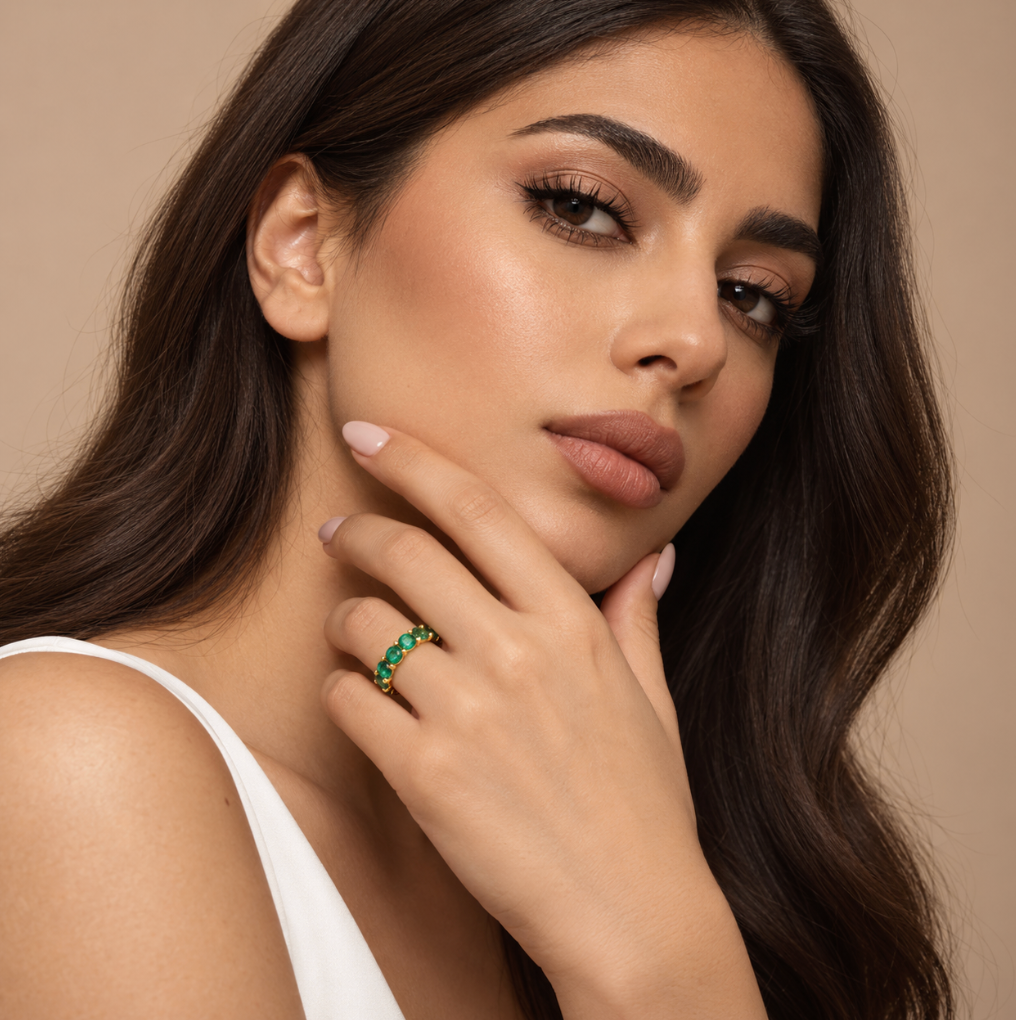 Model wearing Emerald Ring 18K Gold Hypoallergenic