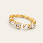 Elara Adjustable Radiance Ring in 18K PVD gold with sparkling 5A cubic zirconia stones in mixed cuts, adjustable from sizes 6–11.