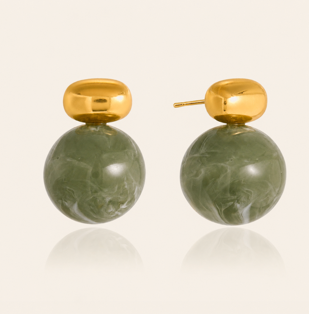 Jasmine Jade Drop Earrings with 18K gold PVD plated stainless steel and green marbled stone sphere, waterproof tarnish-free hypoallergenic statement earrings for sensitive skin.