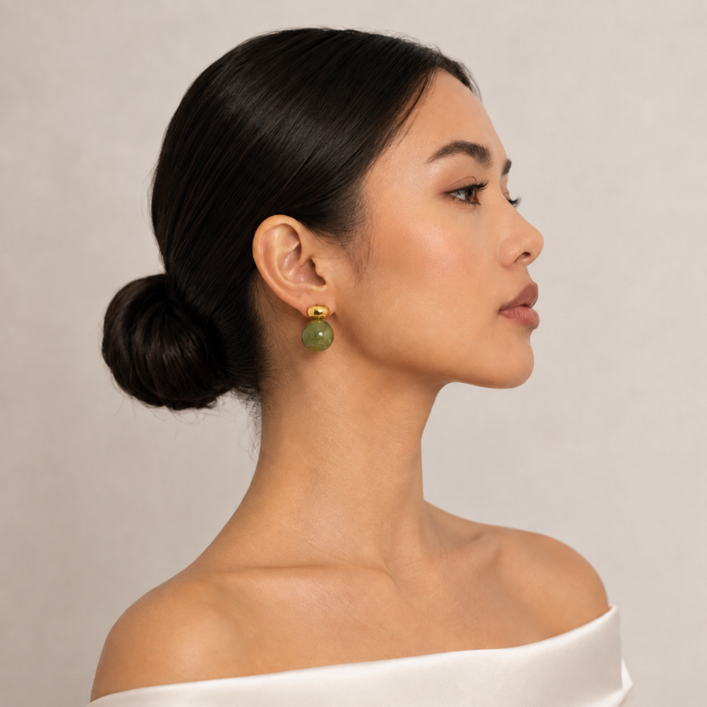 Jasmine Jade Drop Earrings with 18K gold PVD plated stainless steel and green marbled stone sphere, waterproof tarnish-free hypoallergenic statement earrings for sensitive skin.